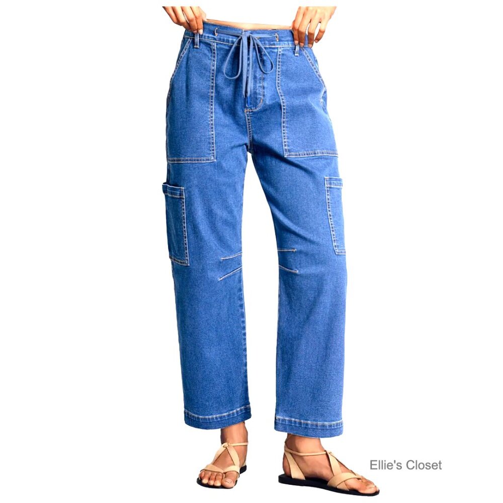 High Waisted Straight Wide Leg Cargo Denim Pants with Pockets